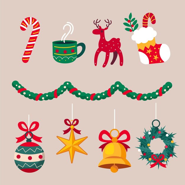 Colección elementos navideños planos dibujados a mano