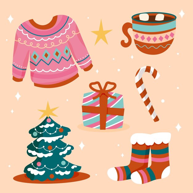 Colección elementos navideños planos dibujados a mano