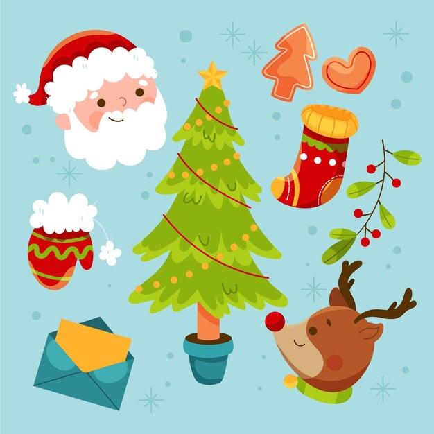 Colección elementos navideños planos dibujados a mano