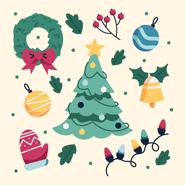 Colección elementos navideños planos dibujados a mano