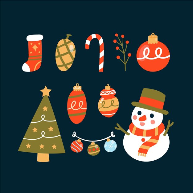 Colección elementos navideños planos dibujados a mano