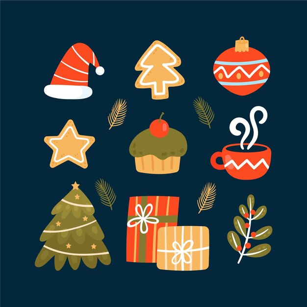 Colección elementos navideños planos dibujados a mano