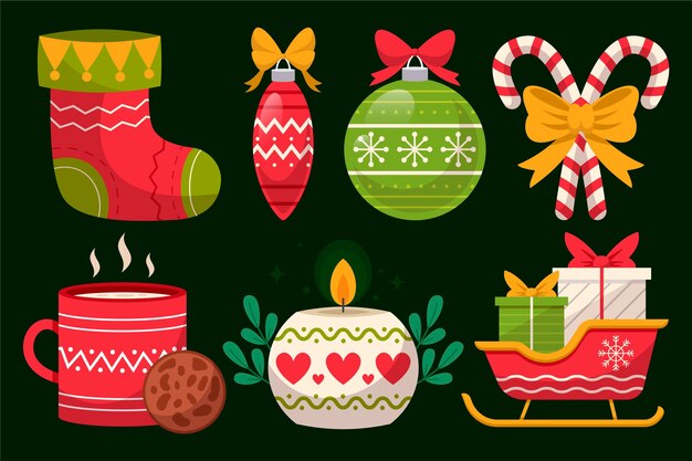 Colección elementos navideños planos dibujados a mano