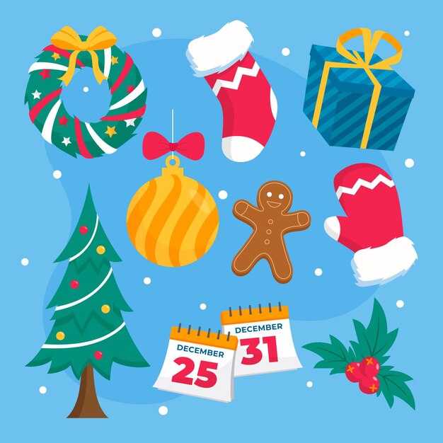 Colección elementos navideños planos dibujados a mano