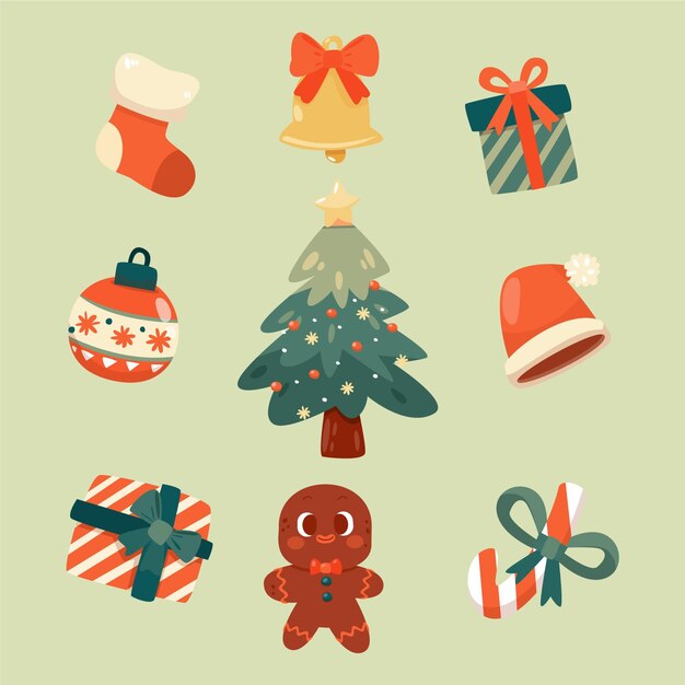 Colección elementos navideños planos dibujados a mano