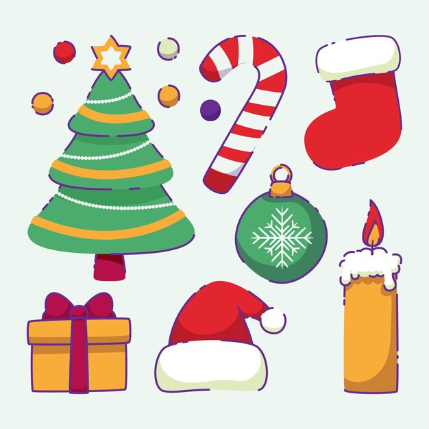 Colección elementos navideños planos dibujados a mano