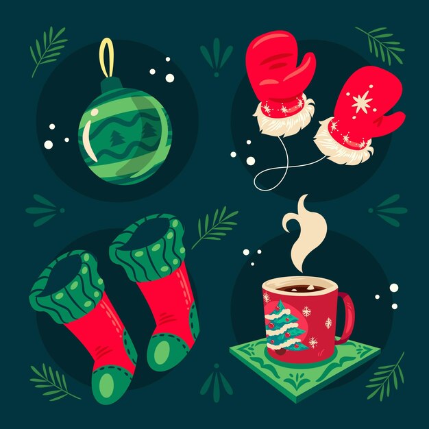 Colección elementos navideños planos dibujados a mano
