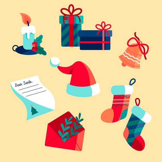 Colección elementos navideños planos dibujados a mano