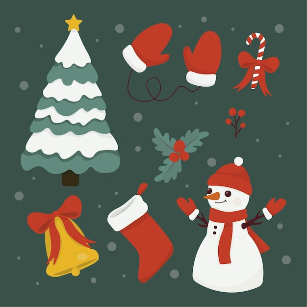 Colección elementos navideños planos dibujados a mano