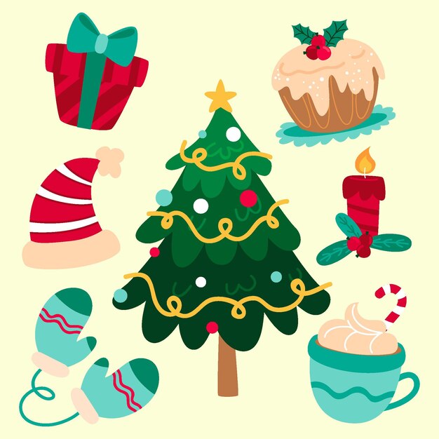Colección elementos navideños planos dibujados a mano