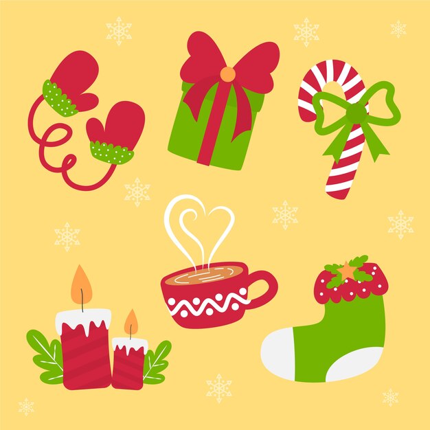 Colección elementos navideños planos dibujados a mano