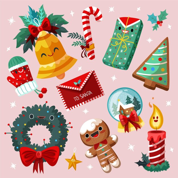 Colección elementos navideños planos dibujados a mano