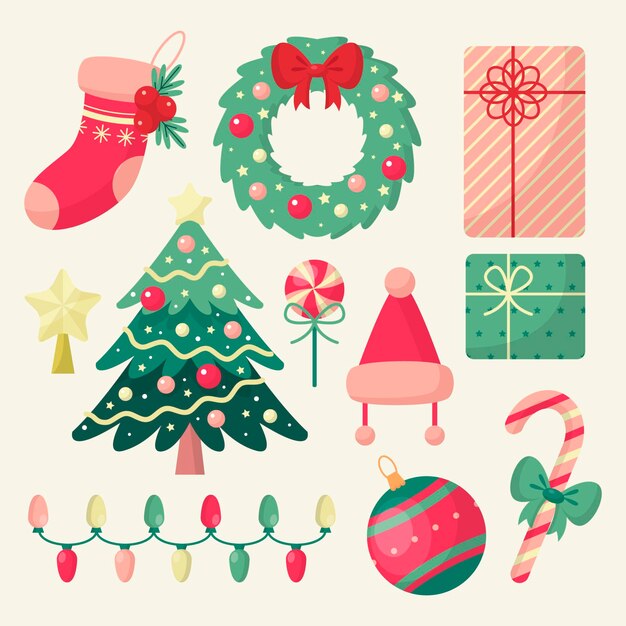Colección de elementos navideños planos
