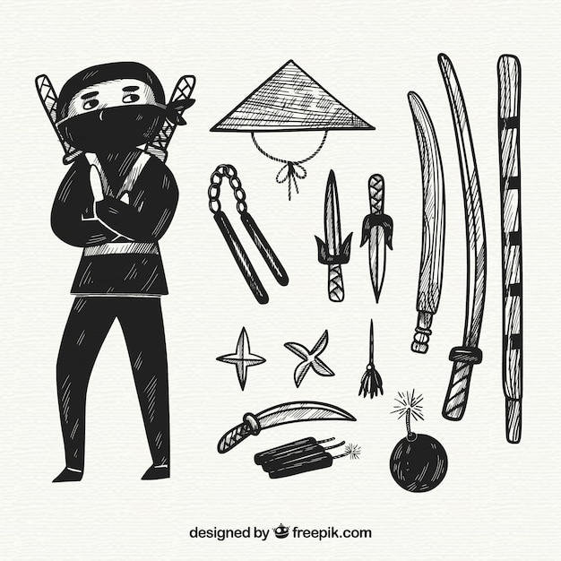 Colección de elementos de ninja dibujados a mano