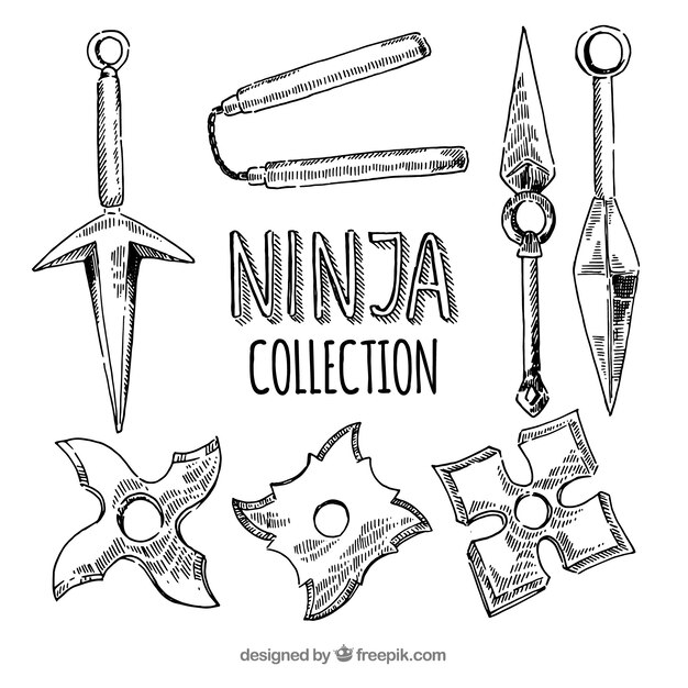 Colección de elementos de ninja dibujados a mano