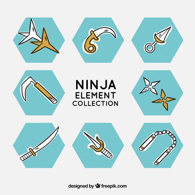 Colección de elementos de ninja dibujados a mano