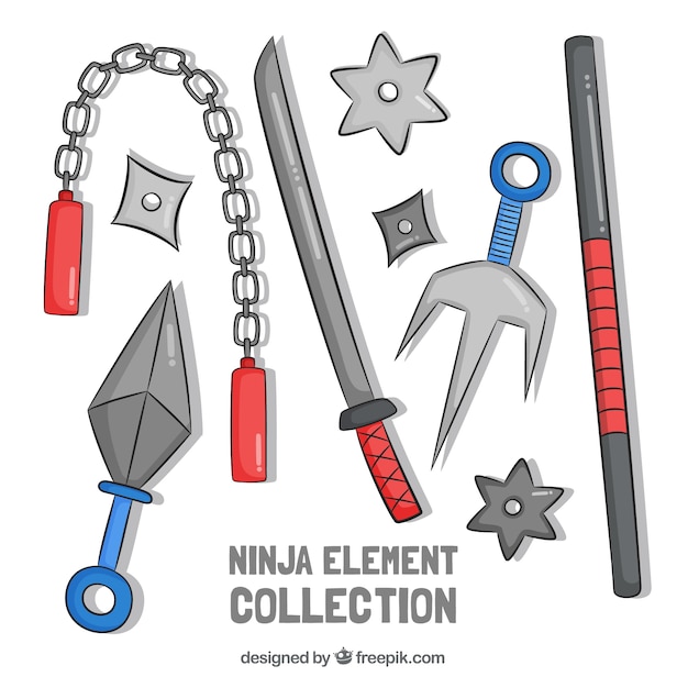 Colección de elementos de ninja dibujados a mano