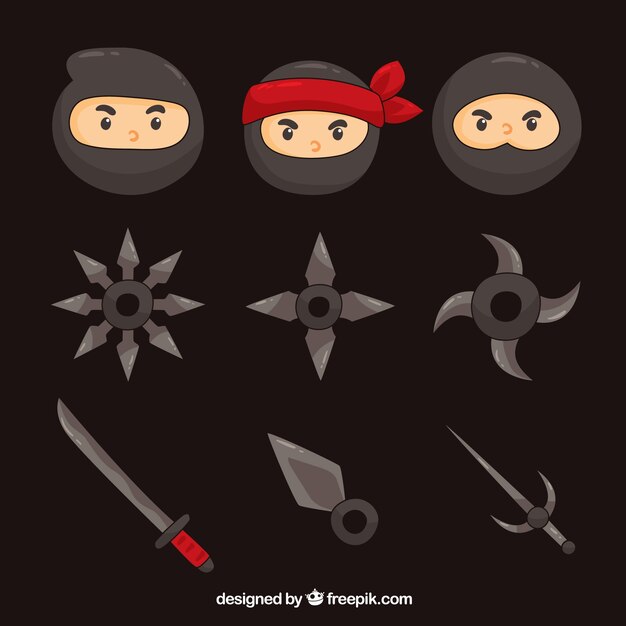 Colección de elementos de ninja con diseño plano