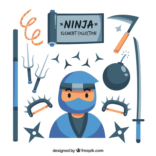 Colección de elementos ninja en diseño plano