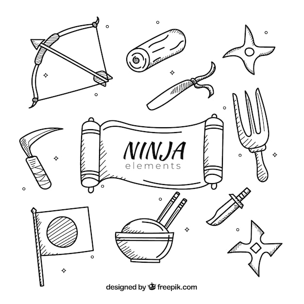Colección de elementos de ninja en estilo dibujo a mano