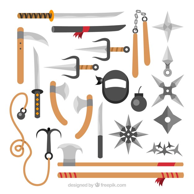 Colección de elementos ninja en estilo plano