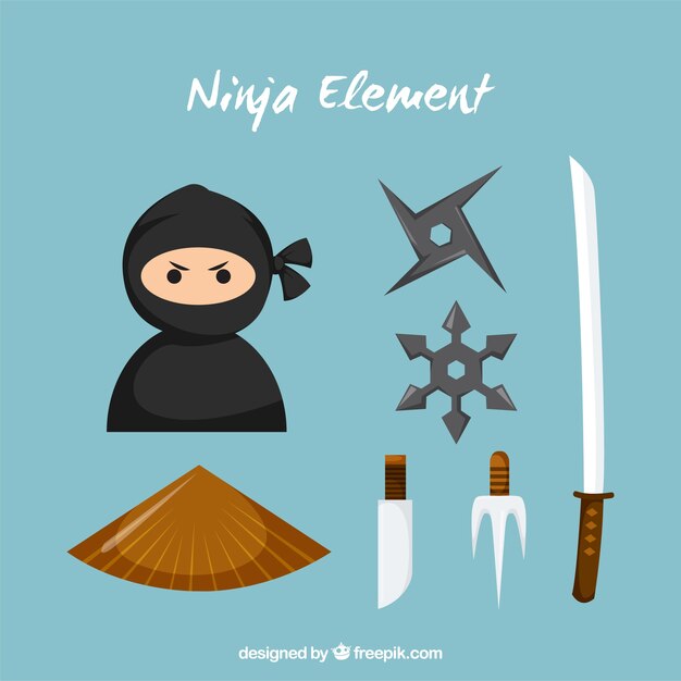 Colección de elementos ninja en estilo plano
