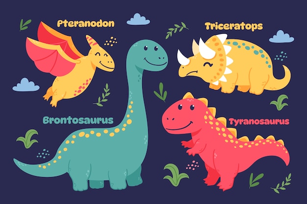 Vector gratuito colección de elementos de nombres de dinosaurios dibujados a mano