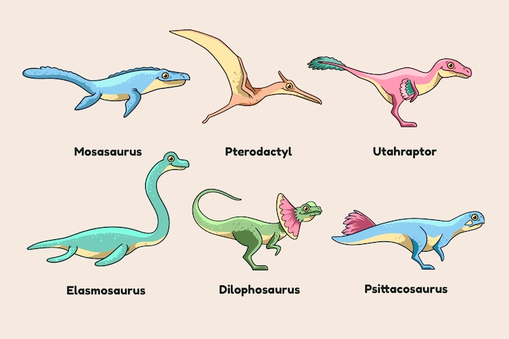 Vector gratuito colección de elementos de nombres de dinosaurios dibujados a mano