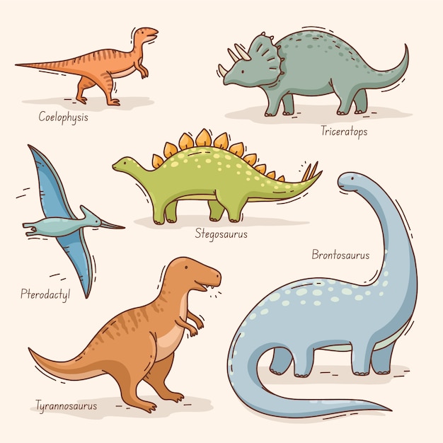 Colección de elementos de nombres de dinosaurios dibujados a mano