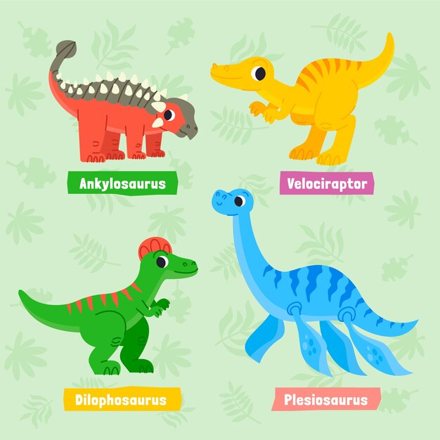 Colección de elementos de nombres de dinosaurios dibujados a mano