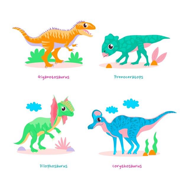Colección de elementos de nombres de dinosaurios dibujados a mano