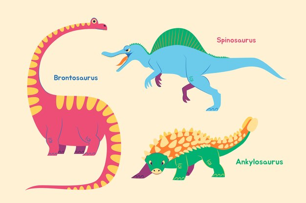 Colección de elementos de nombres de dinosaurios dibujados a mano