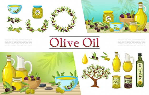 Colección de elementos de oliva natural de dibujos animados con botellas de aceite de oliva corona de ramas ramas de árbol tarros ollas y latas