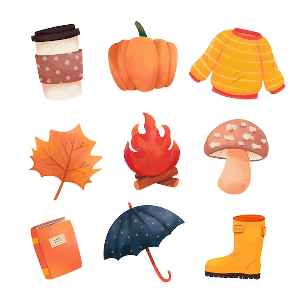 Colección de elementos de otoño en acuarela