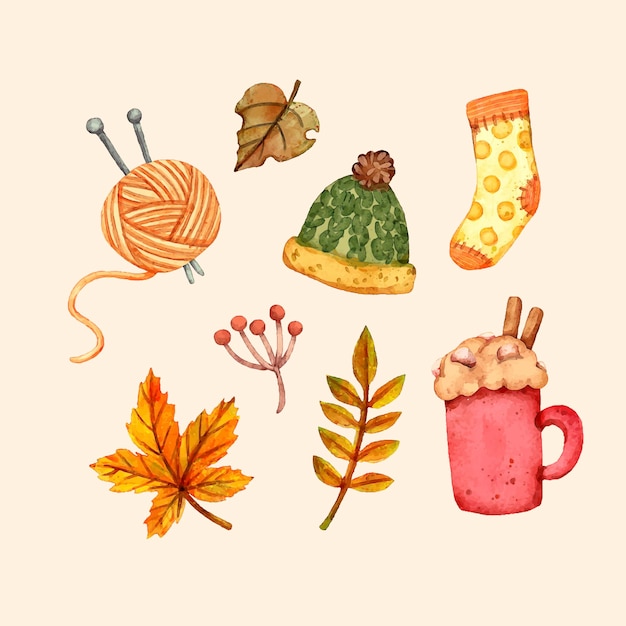 Vector gratuito colección de elementos de otoño en acuarela