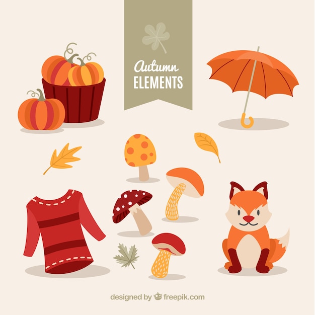 Colección de elementos de otoño con bonito zorrito