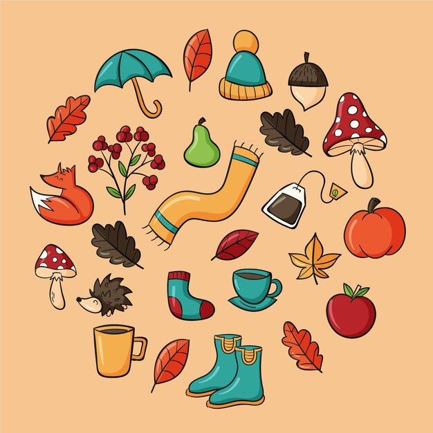 Colección de elementos de otoño dibujados a mano