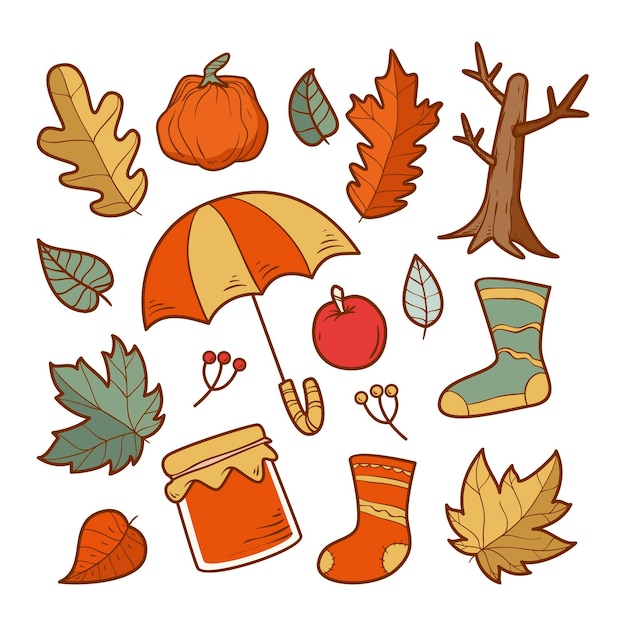 Colección de elementos de otoño dibujados a mano