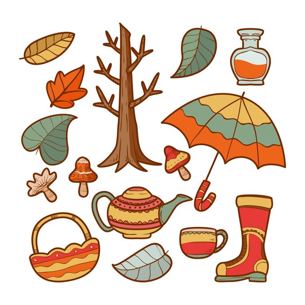 Colección de elementos de otoño dibujados a mano