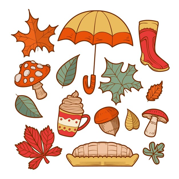 Colección de elementos de otoño dibujados a mano