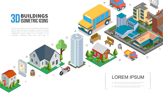Colección de elementos de paisaje urbano isométrico con edificios de la ciudad, rascacielos, casas suburbanas, vehículos, basura, árboles, bancos, ilustración