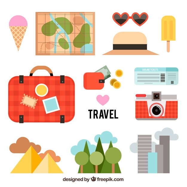 Colección de elementos y paisajes de viaje de verano en diseño plano 