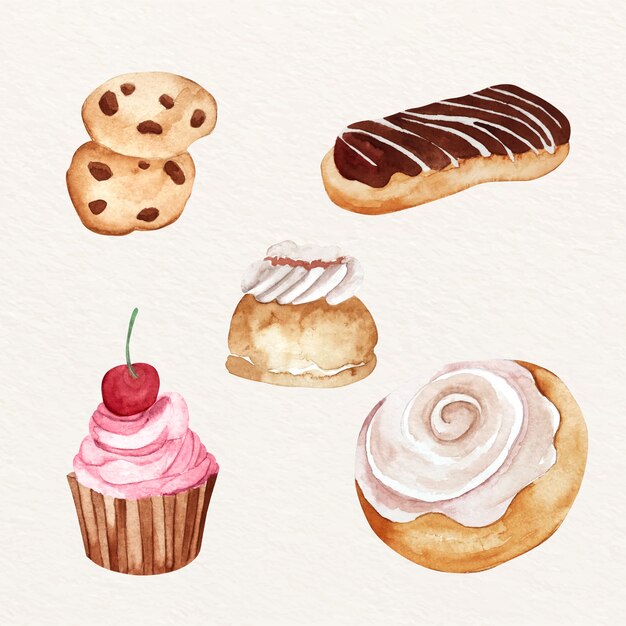 Colección de elementos de panadería en acuarela