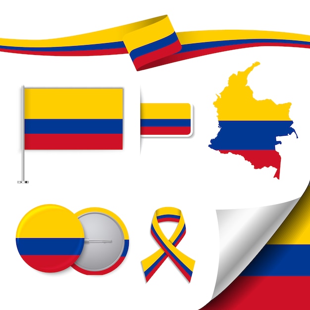 Colección de elementos de papelería con diseño de la bandera de colombia
