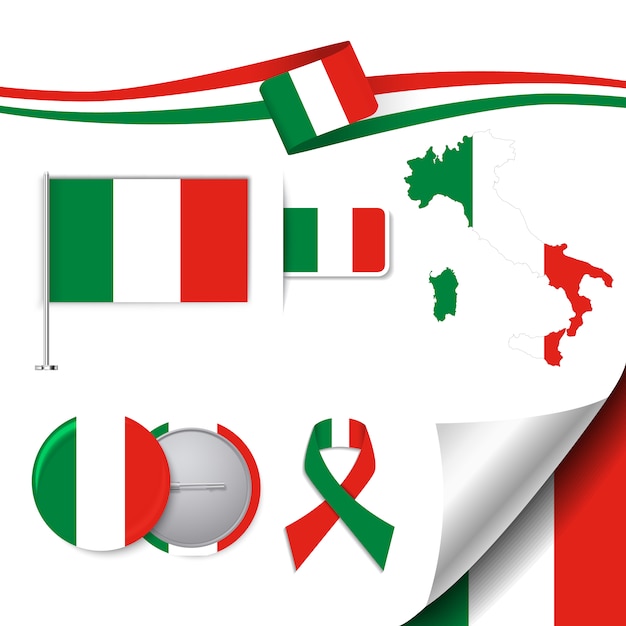 Colección de elementos de papelería con diseño de la bandera de italia