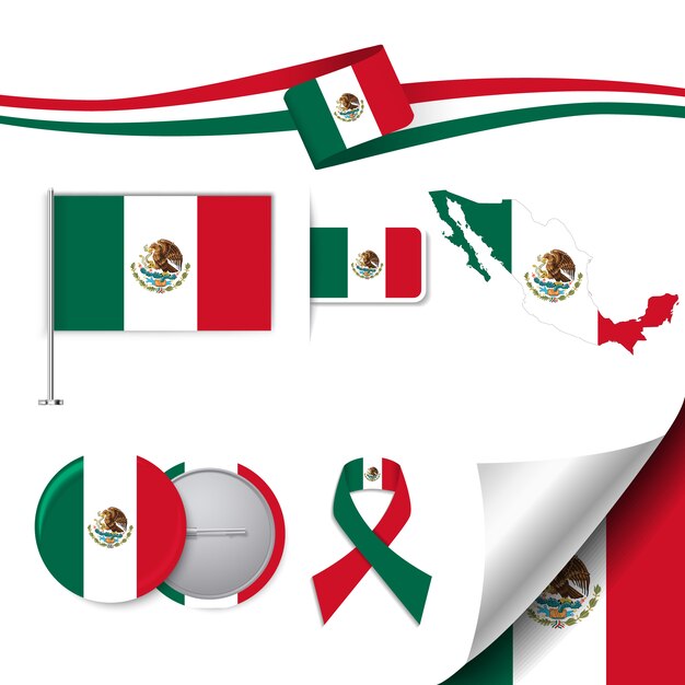 Colección de elementos de papelería con diseño de la bandera de méxico