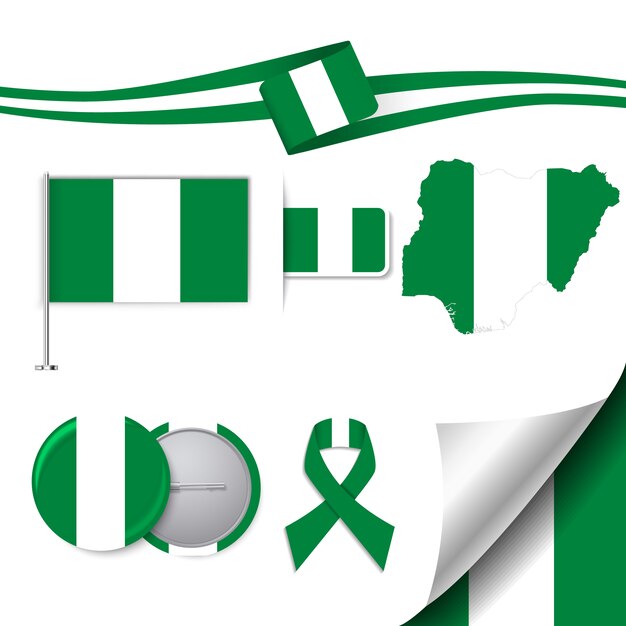 Colección de elementos de papelería con diseño de la bandera de nigeria
