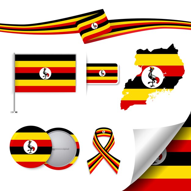 Colección de elementos de papelería con diseño de la bandera de uganda