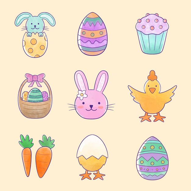 Colección de elementos de pascua en acuarela