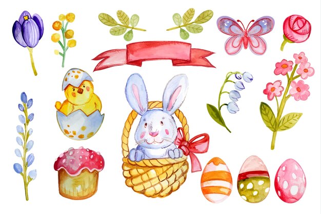 Colección de elementos de pascua en acuarela
